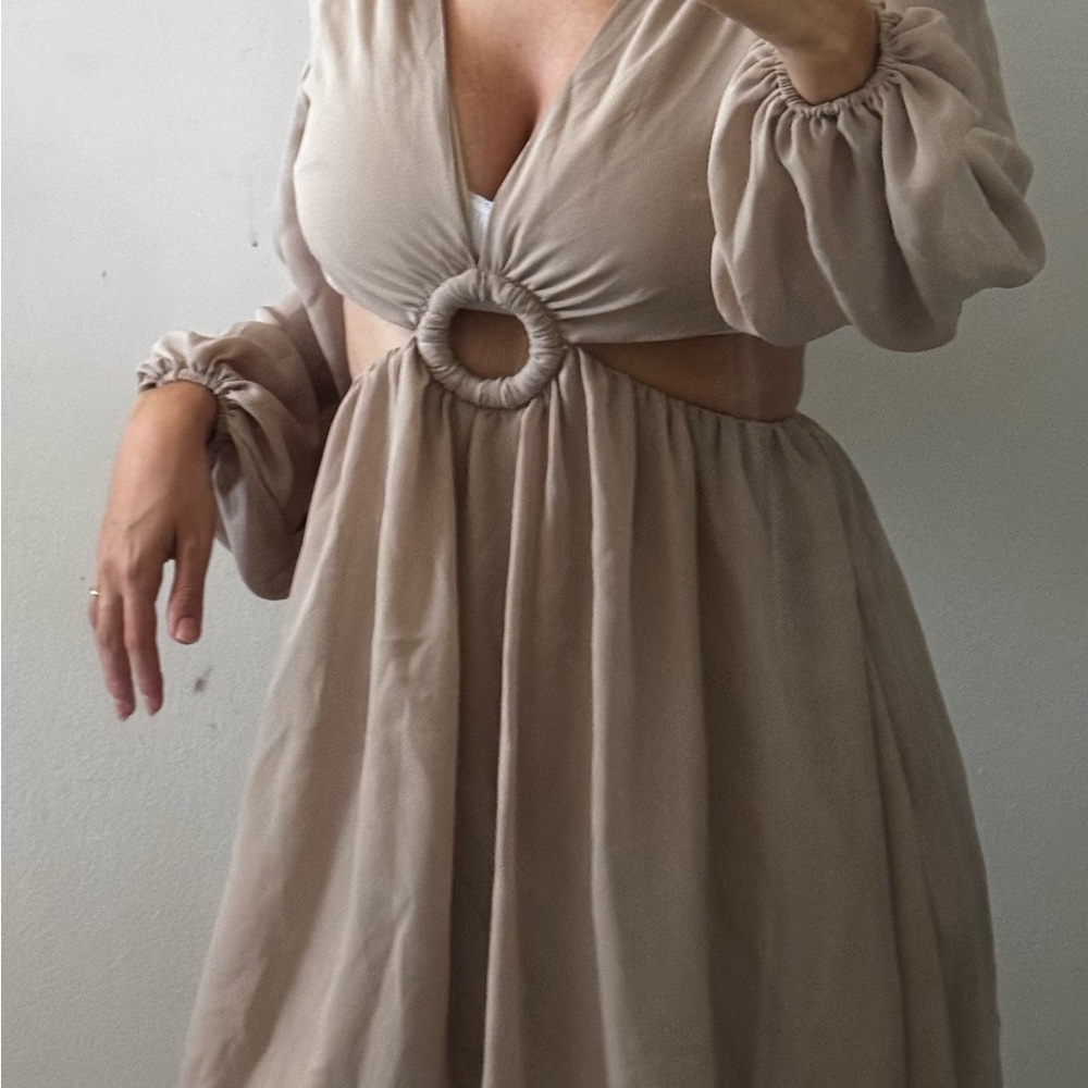 Sheer Long Sleeve Woven Mini Dress – Deep Taupe | Forever 21